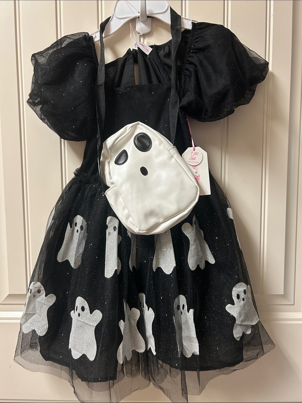 Girls' Black Ghost Tulle Halloween Costume Dress with White Ghost Purse